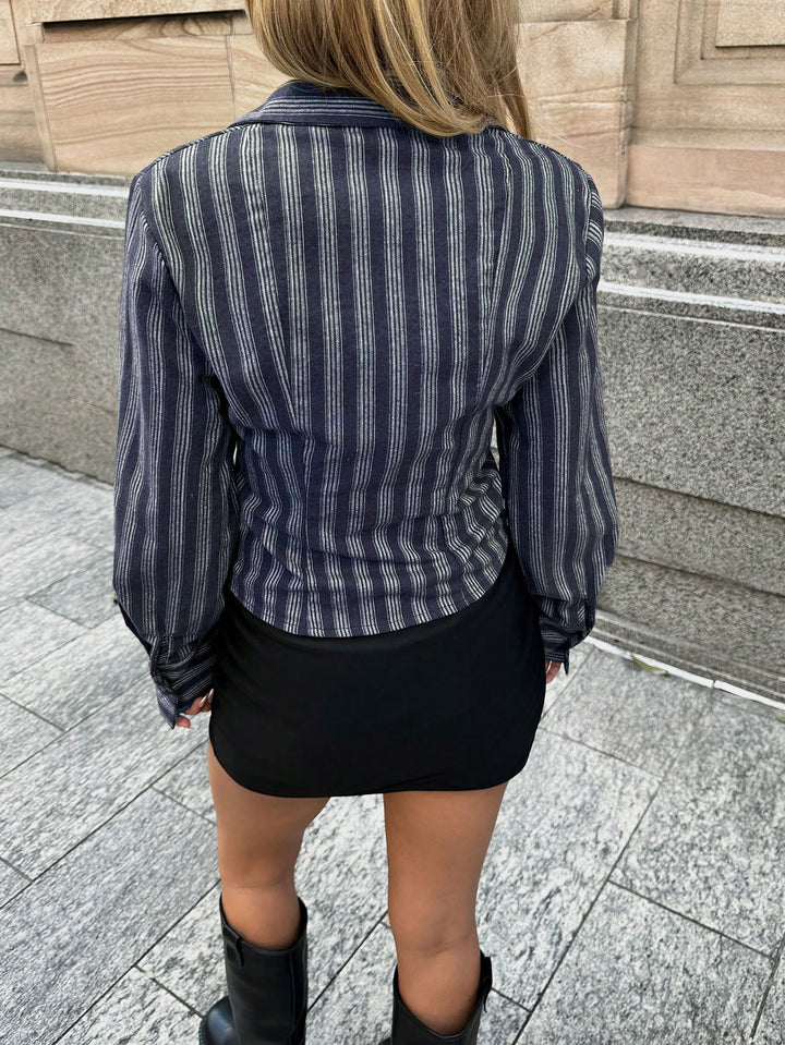 Navy Blue Striped Fitted Shirt