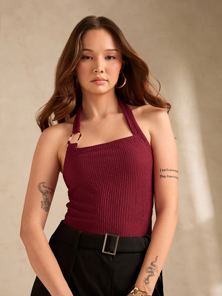 Maroon Halter Neck Tank With Metal Trim Detailing