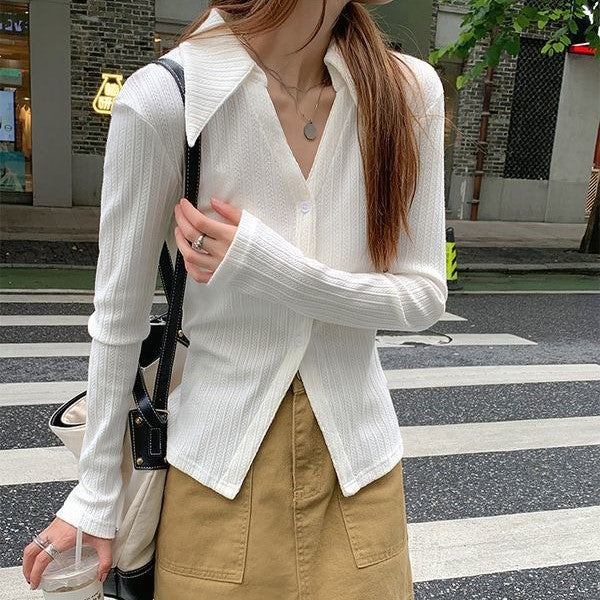 White Textured V Neck Shirt