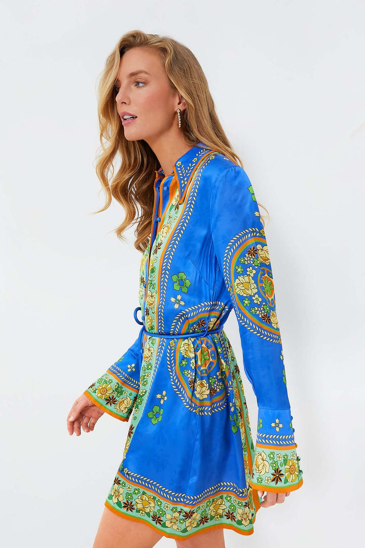 Blue Floral Printed Front Buttoned Shirt Dress