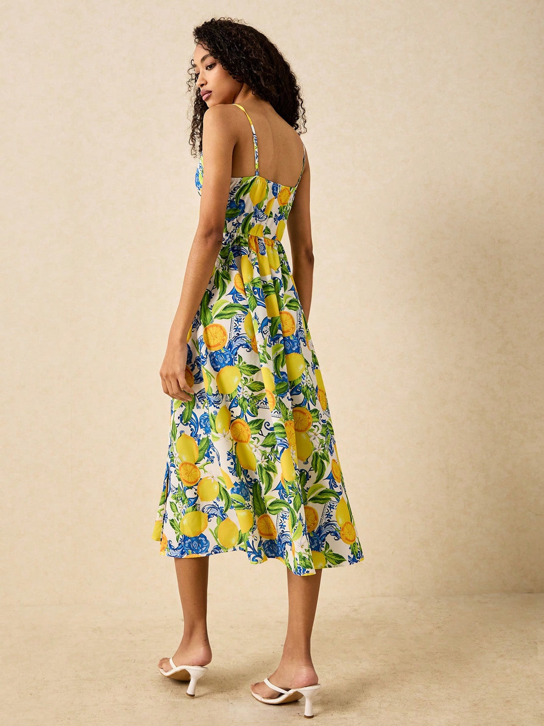 Yellow Strappy Printed Thigh High Slit Dress