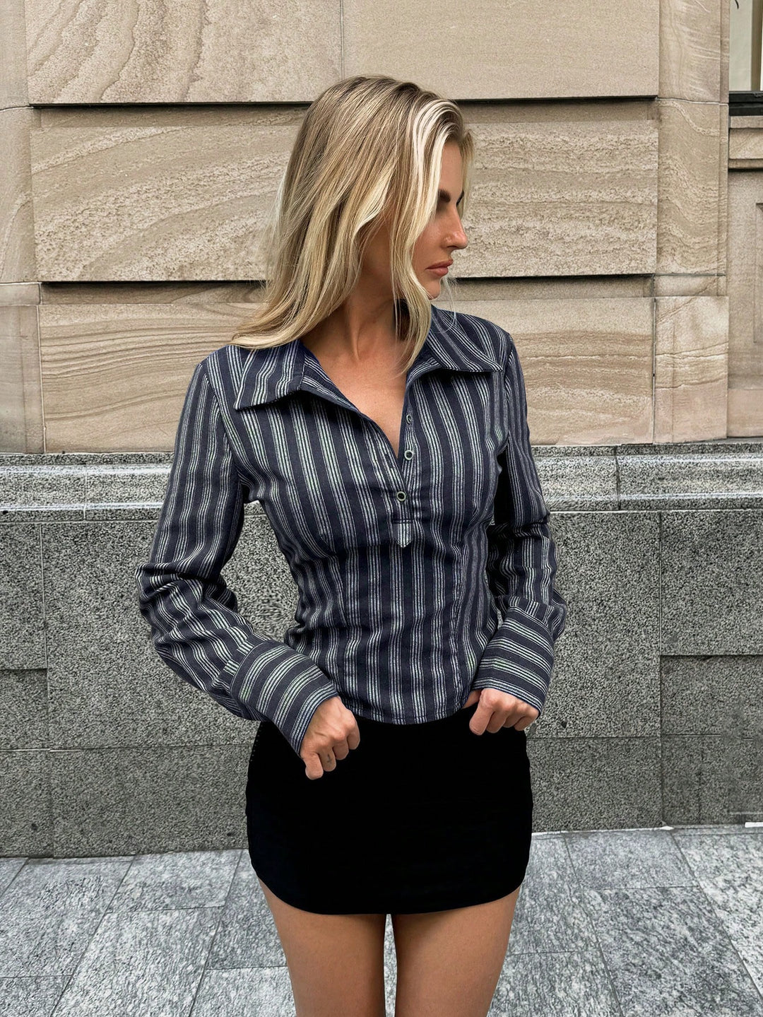 Navy Blue Striped Fitted Shirt