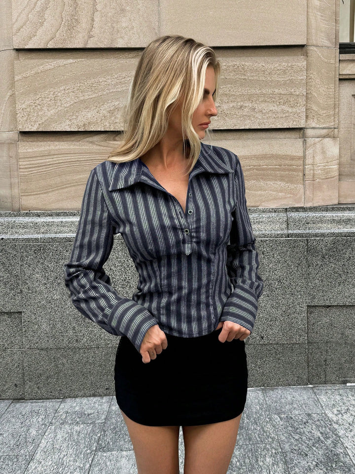 Navy Blue Striped Fitted Shirt