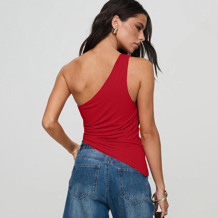 Red One Shoulder Asymmetric Buckle Top