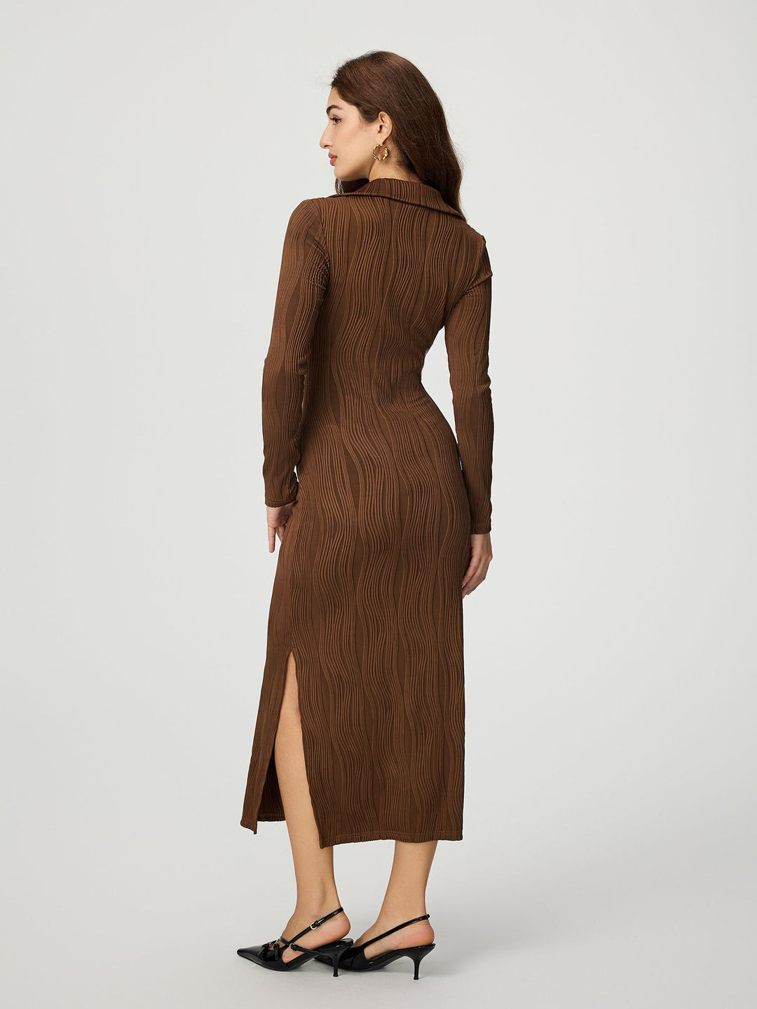 Brown Full Sleeve Collared Fitted Dress