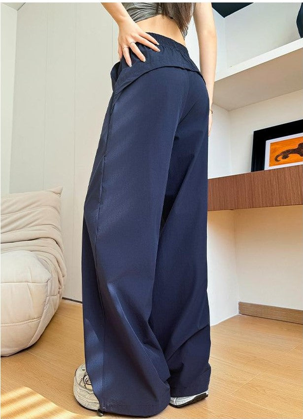 Navy Blue Wide Leg Solid Elasticated Joggers