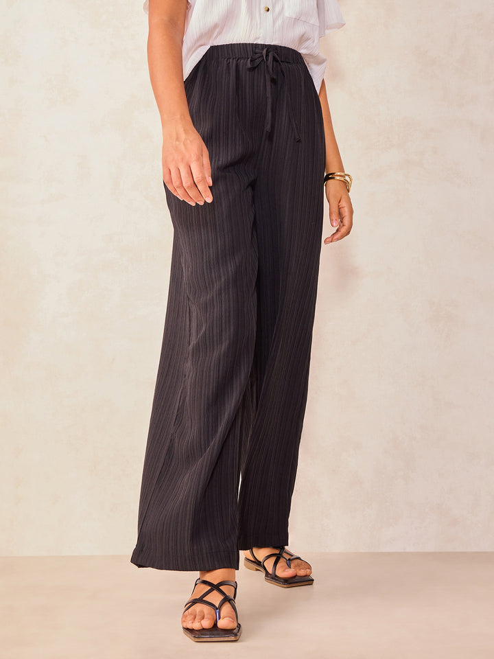 Black Textured Pull On Wide Leg Trouser
