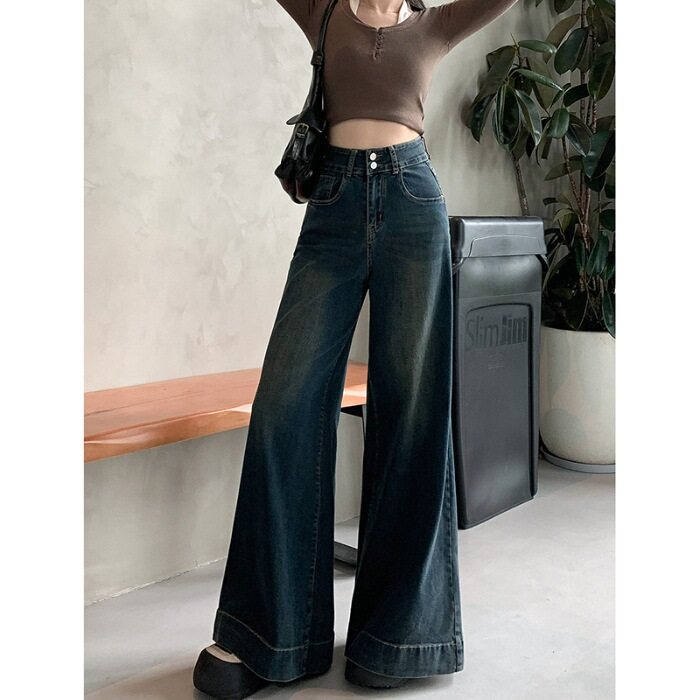 Blue Double Button Flared Denim