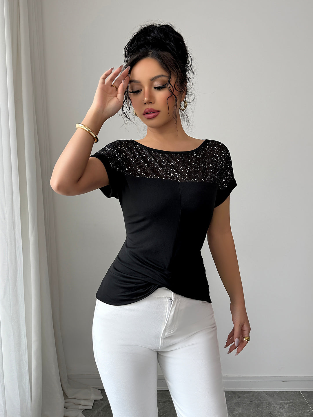 Black Sheer Neck And Sleeves Fitted Top