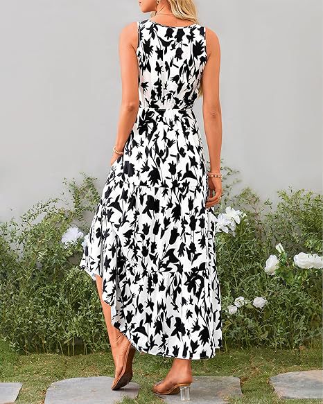 White V Neck Printed Cinched Waist Dress