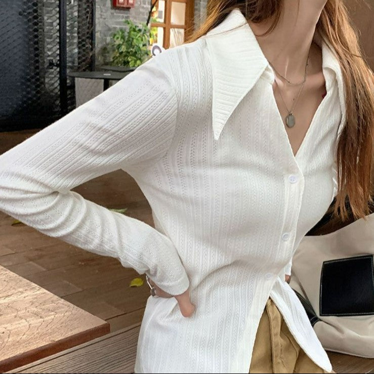 White Textured V Neck Shirt