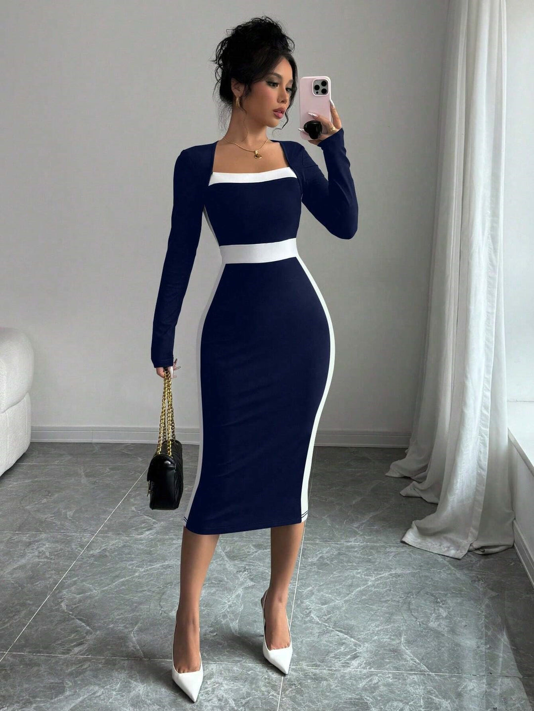 Navy Blue Full Sleeve Contrast Panel Dress
