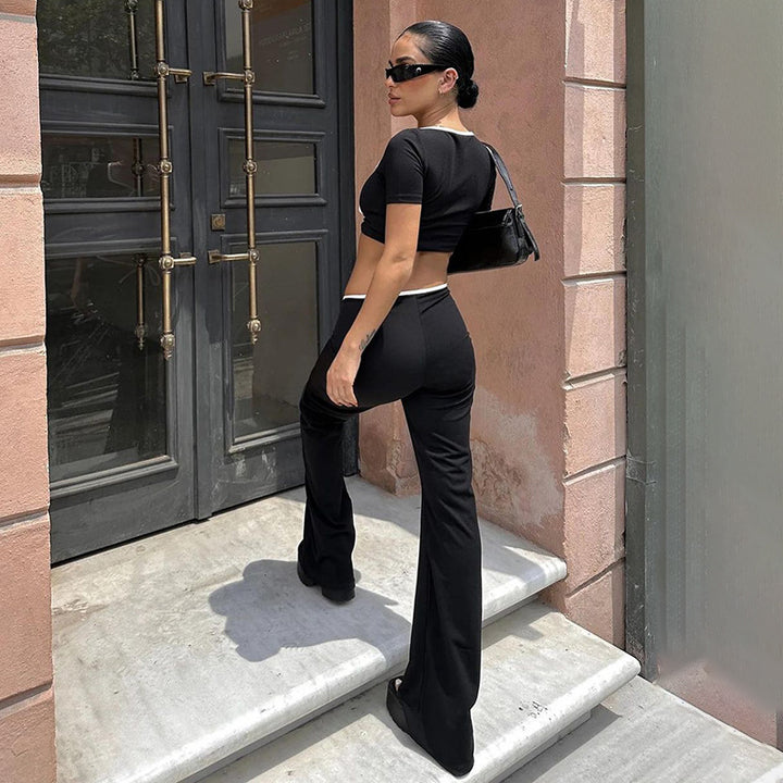 Black Crop Top Tie Up With Straight Pant