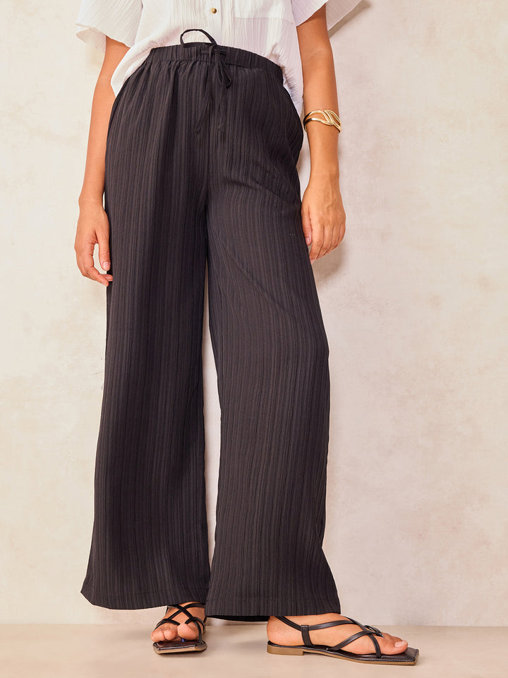 Black Textured Pull On Wide Leg Trouser