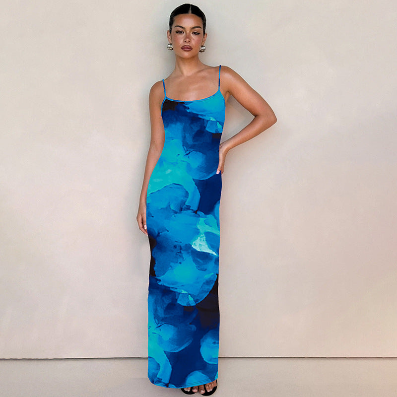 Blue Spaghetti Strap Printed Bodycon Dress