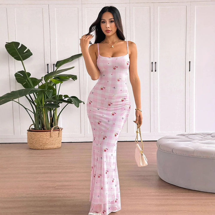 Pink Strappy Printed Maxi Dress
