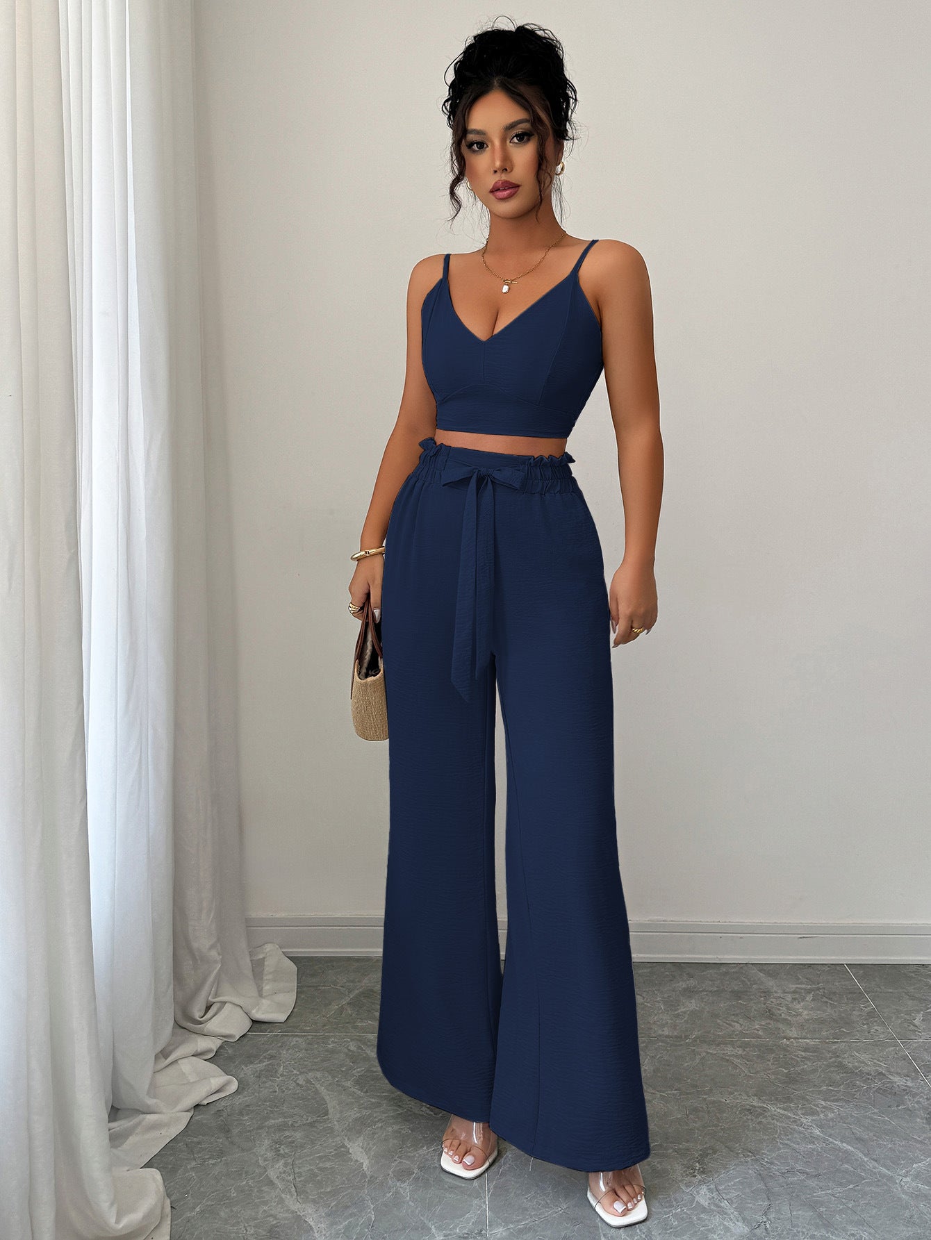 Navy Blue Cami Top And Pants Co-Ord Set