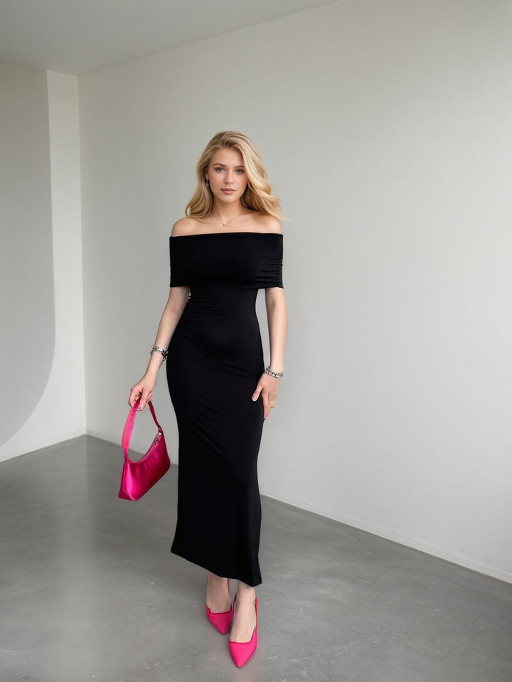 Black Off Shoulder Slit Dress