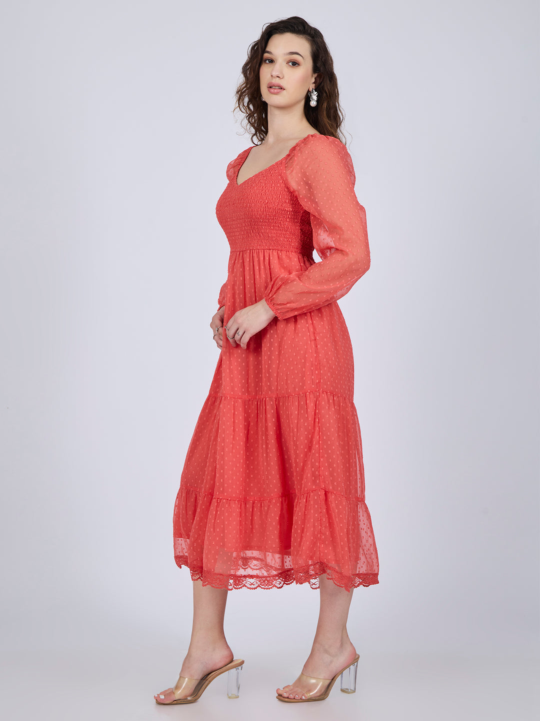 Coral Tiered Midi Dress