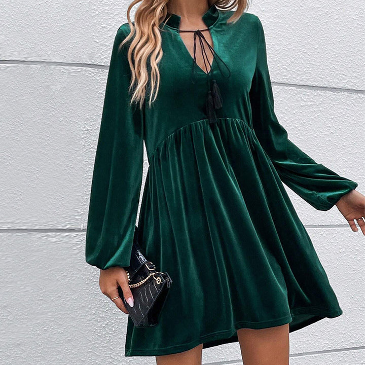 Green Mandarin Collared Tie Up Dress