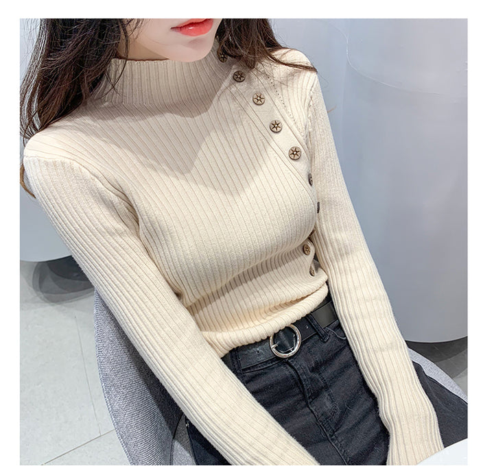 Cream Full Sleeve Button Trim Fitted Sweaters