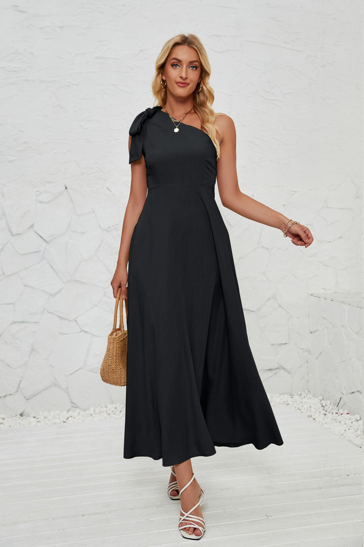 Black One Shoulder Bow Detail Dress