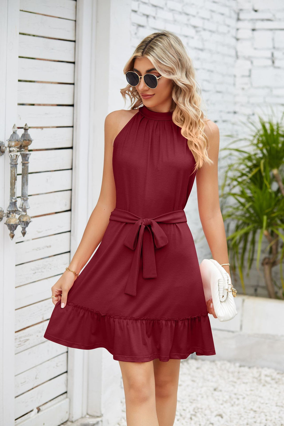 Maroon Sleeveless Front Tie-Up Ruffle Hem Dress