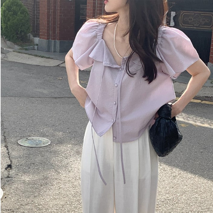 Purple Bow Detailed Sheer Top