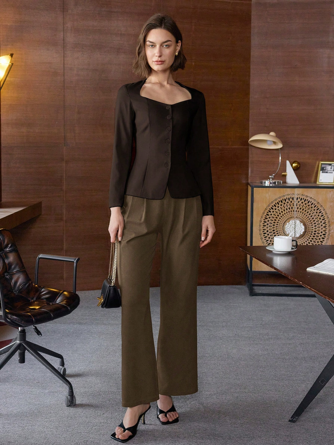 Brown Long Sleeve Front Button Top