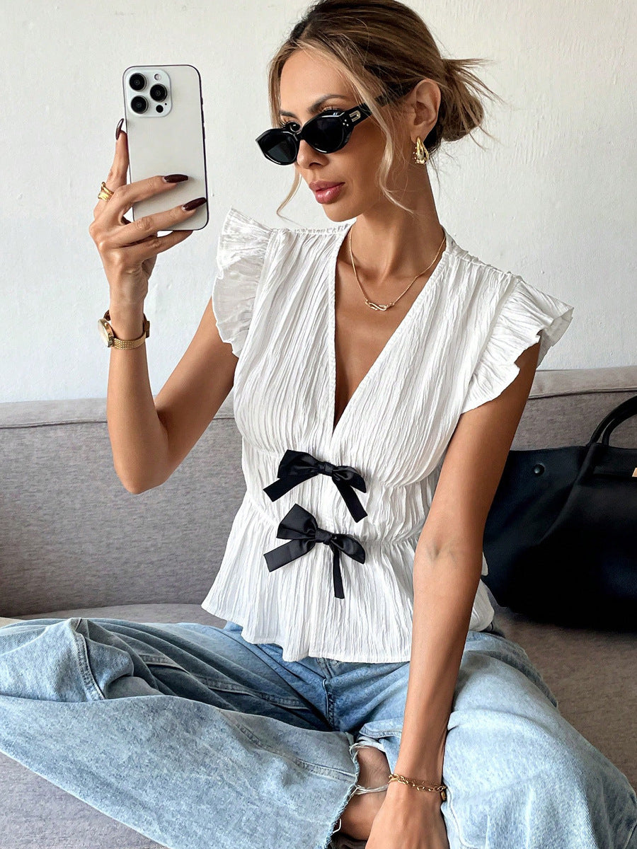 White Plunge Neck With Bow Detailing Top