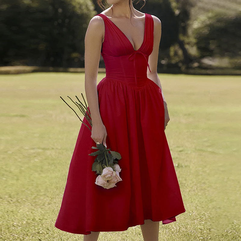 Red V Neck Corset Flared Dress