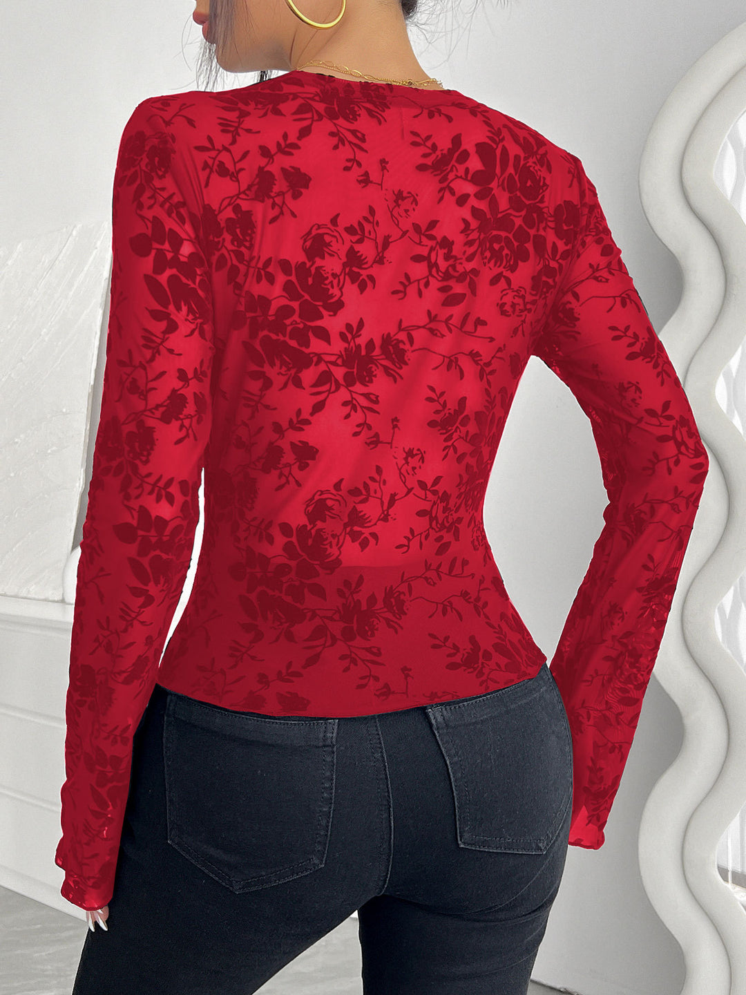 Red Bell Sleeve Printed Top