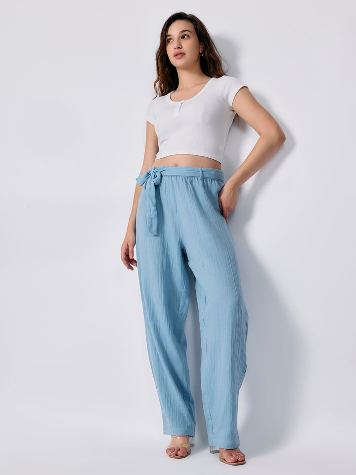 Blue Printed Straight Fit Trouser