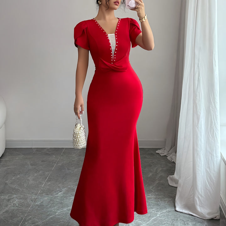 Red Petal Sleeve V-Neck Dress