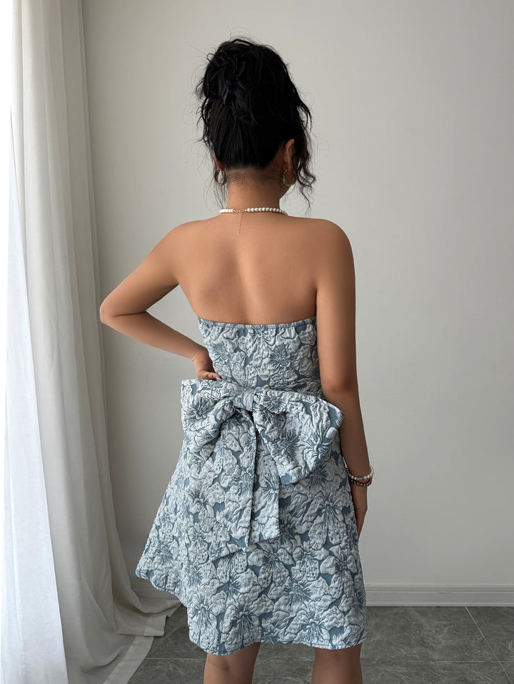 Blue Strapless Floral Printed Bow Dress
