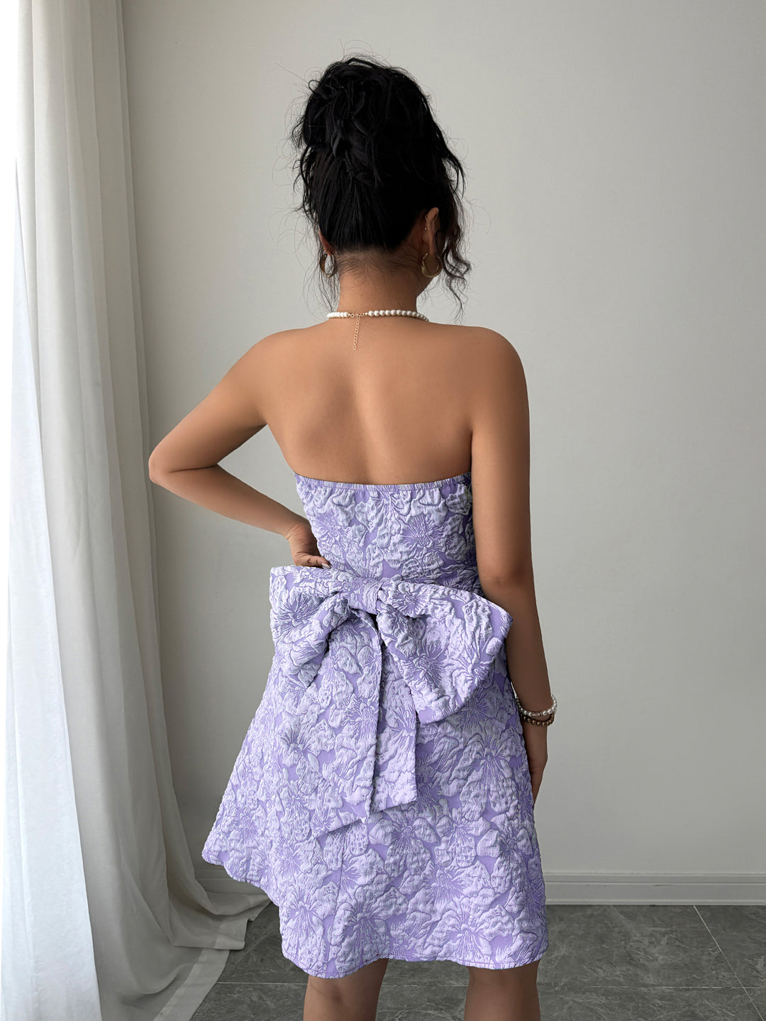 Purple Strapless Floral Printed Bow Dress