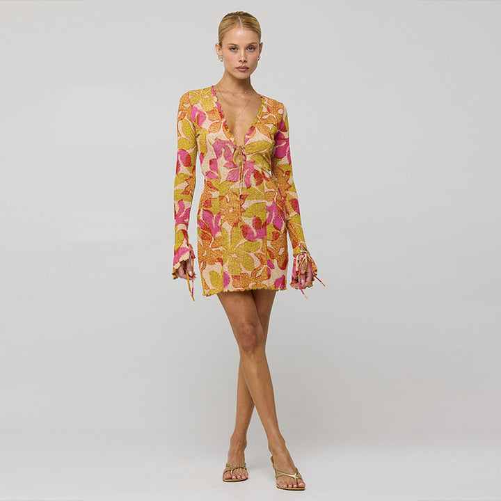 Orange Printed Plunge Neck Mini Dress