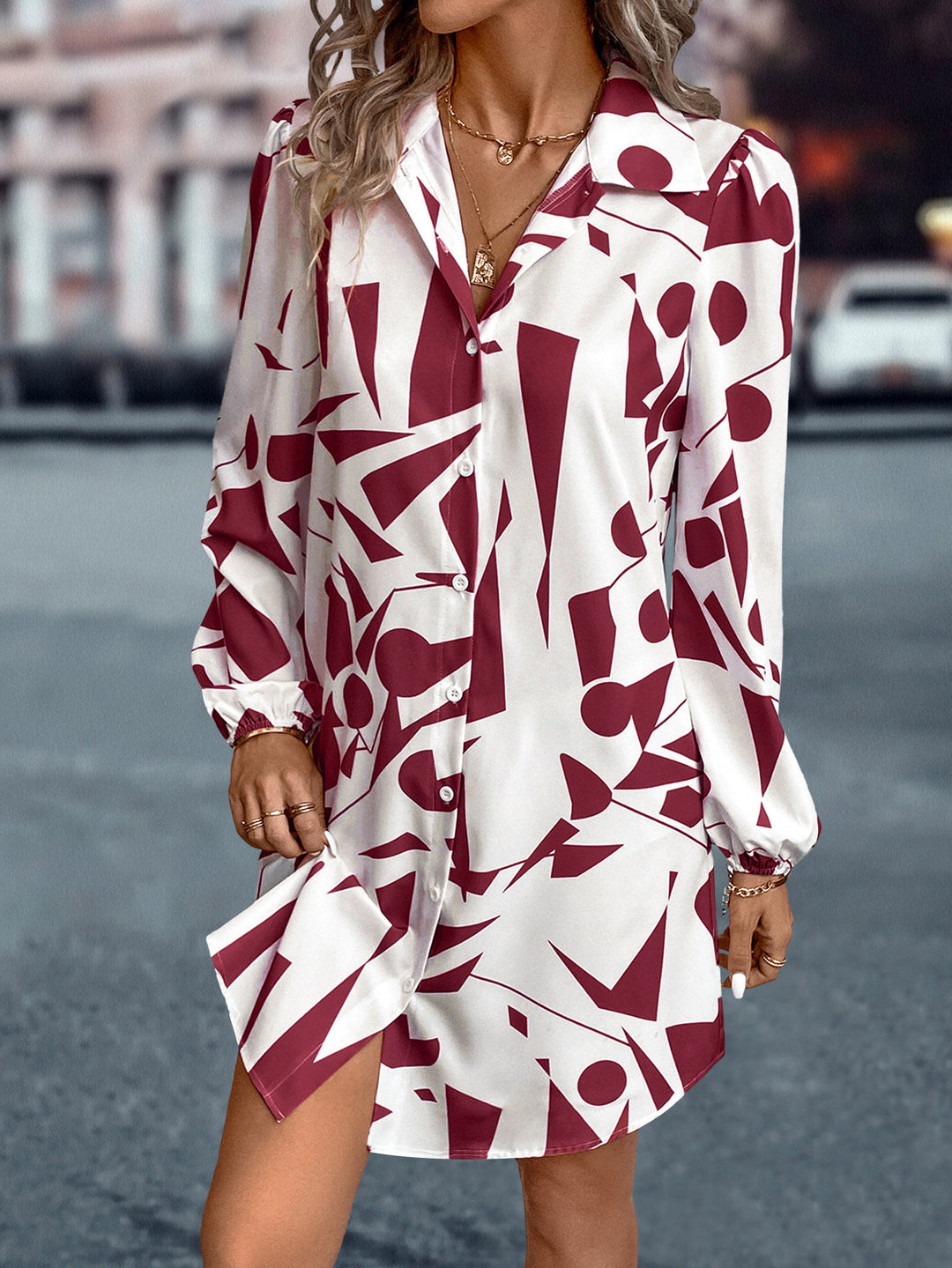 Red Bishop Sleeve Collared Neck Printed Dress