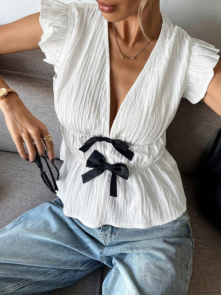 White Plunge Neck With Bow Detailing Top