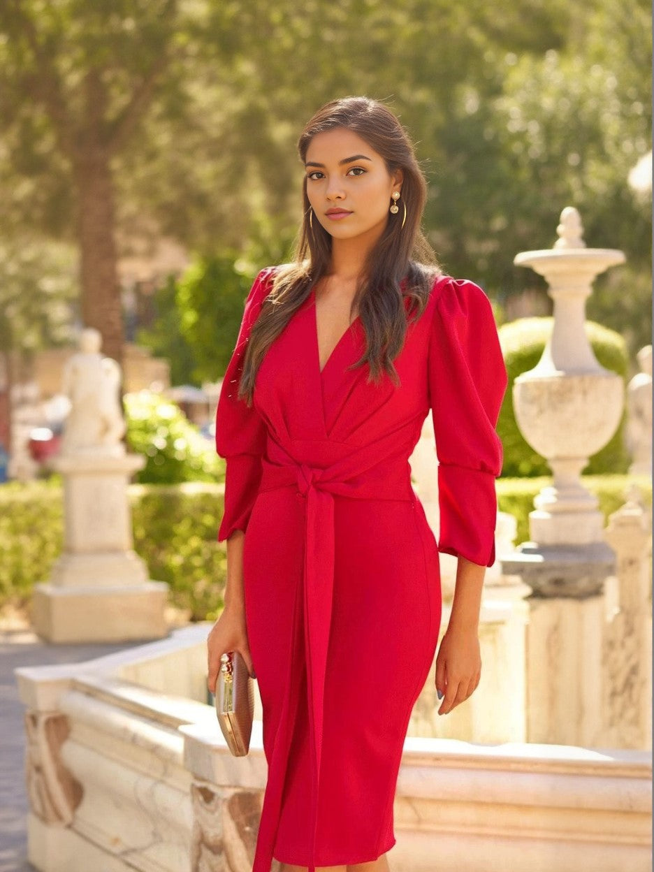 Red Plunge Neck Bodycon Dress