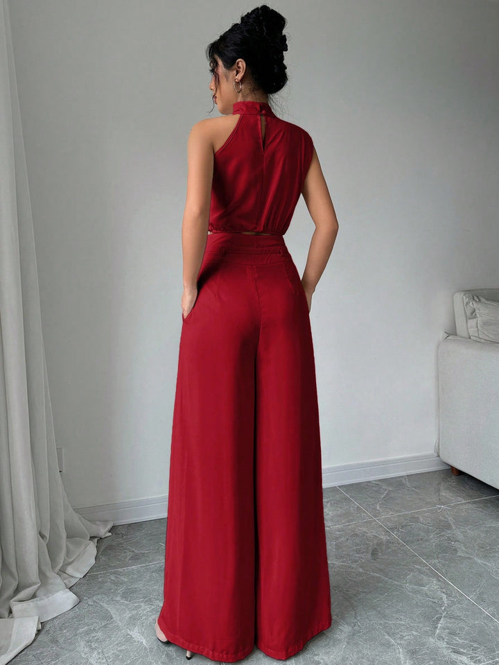 Red Asymmetrical High Neck Top with Wide Straight Pant Co-Ord Set
