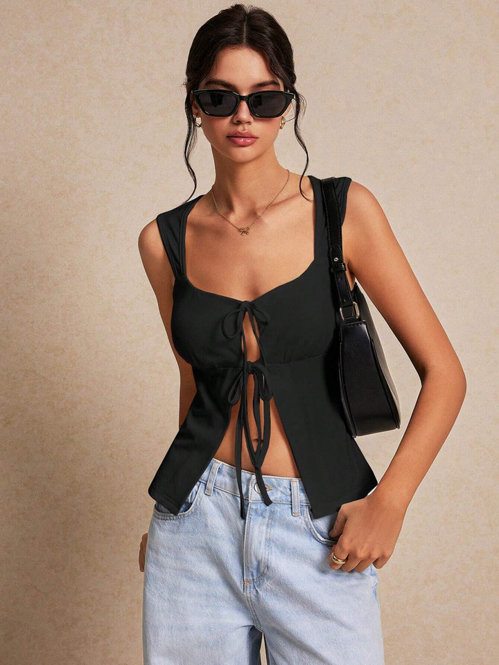 Black Wide Shoulder Strap Front Tie-Up Top