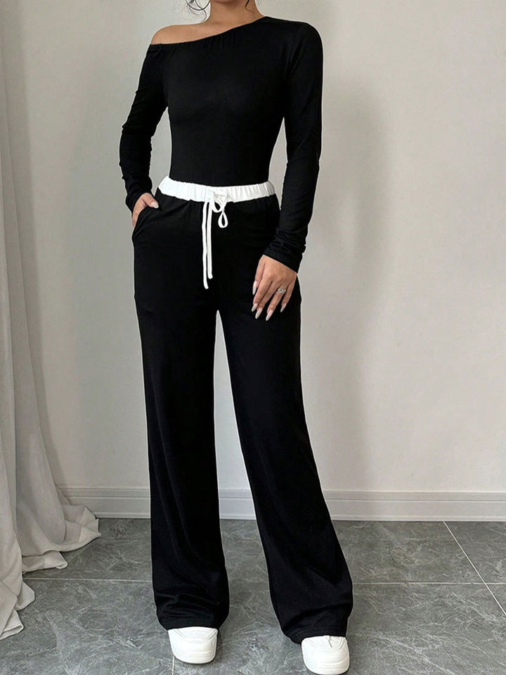 Black One Shoulder Top And Pants Co-Ord Set