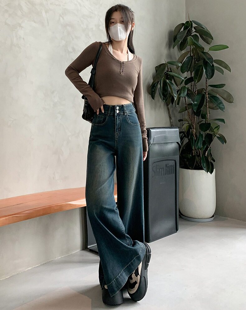 Blue Double Button Flared Denim