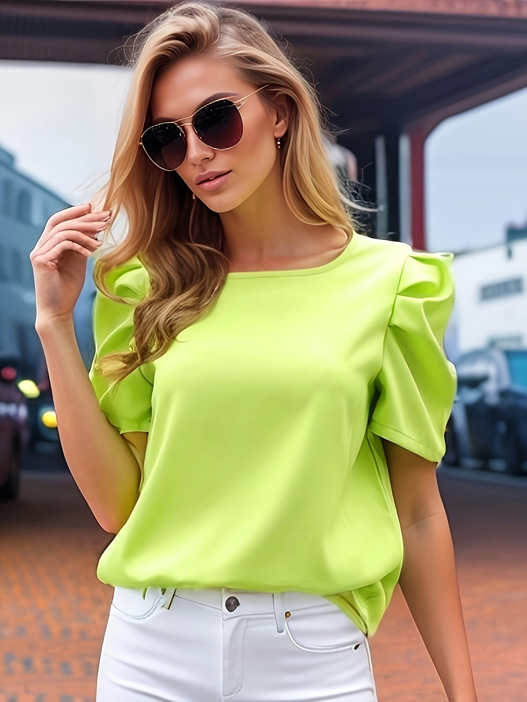Green Half Puff Sleeves Top