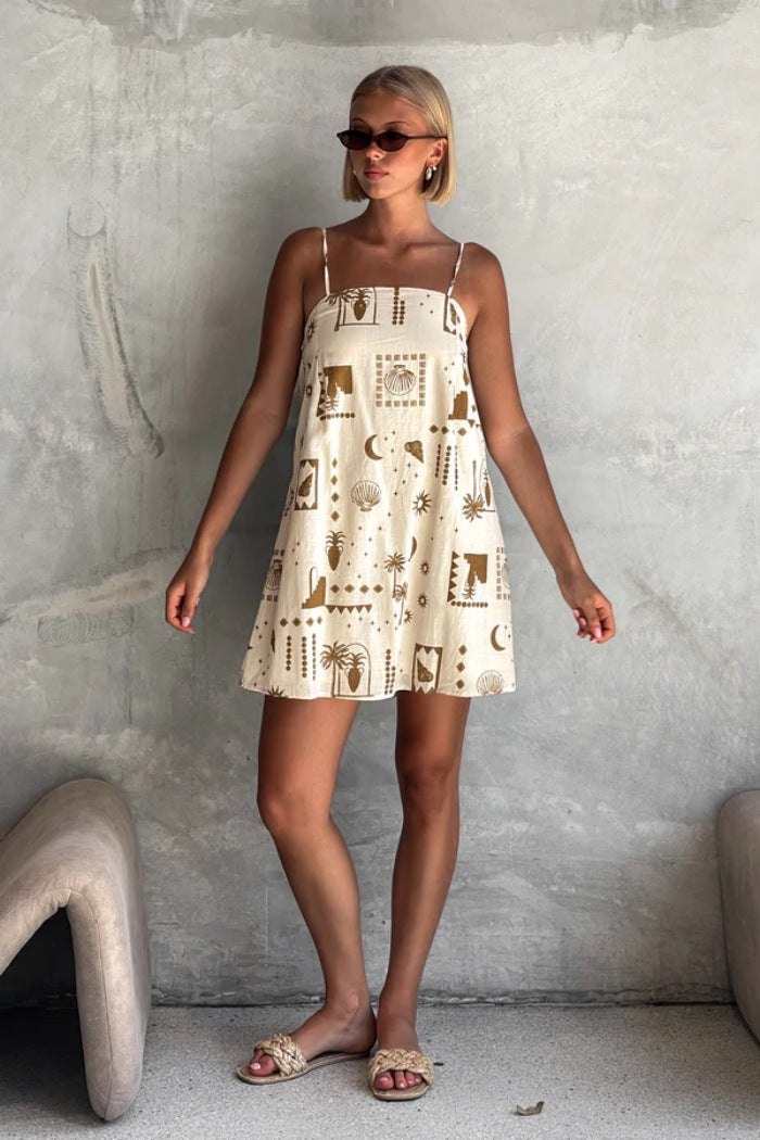 Brown Shoulder Strap Abstract Printed Dress