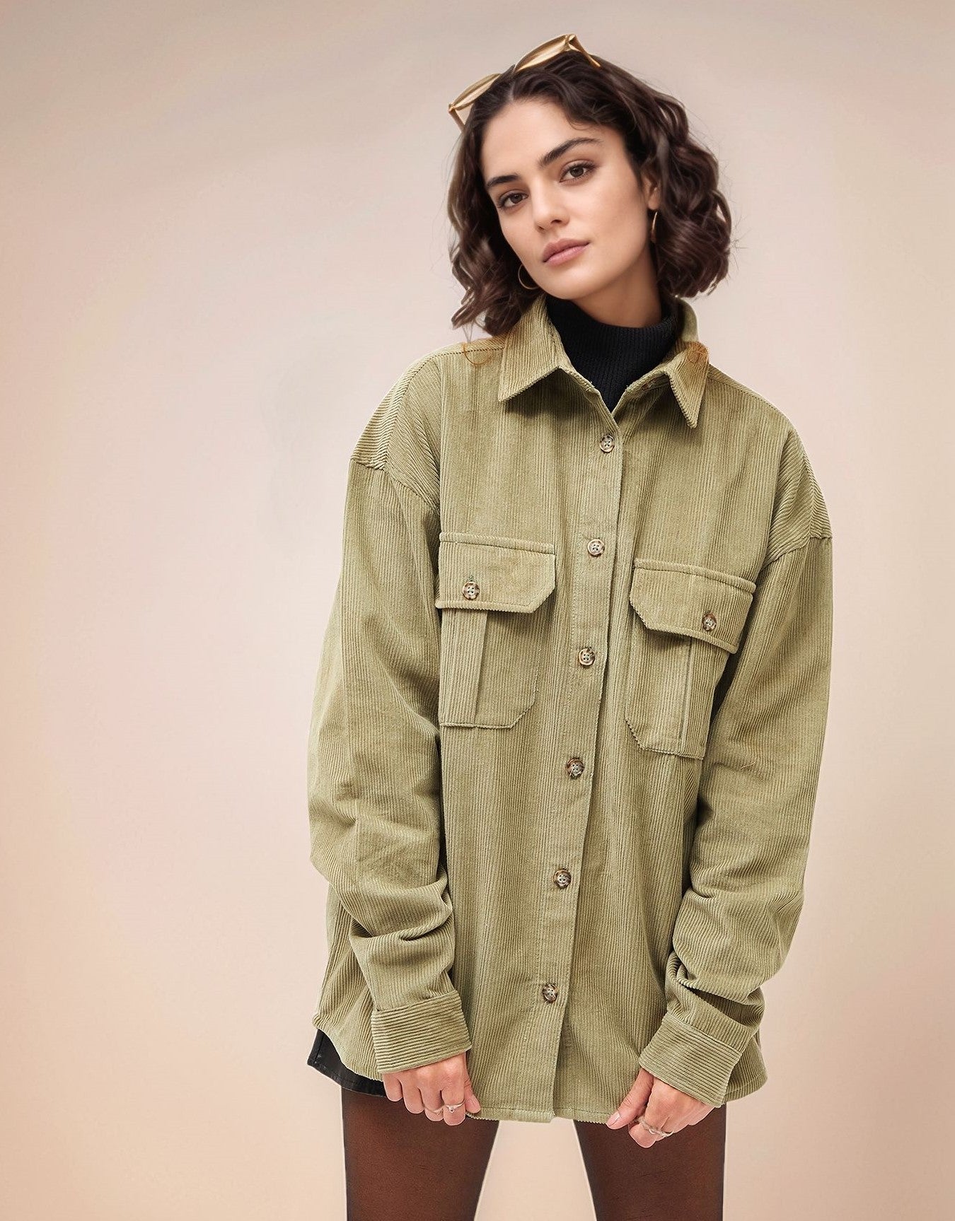 Olive Full Sleeve Double Pockets Corduroy Shirt