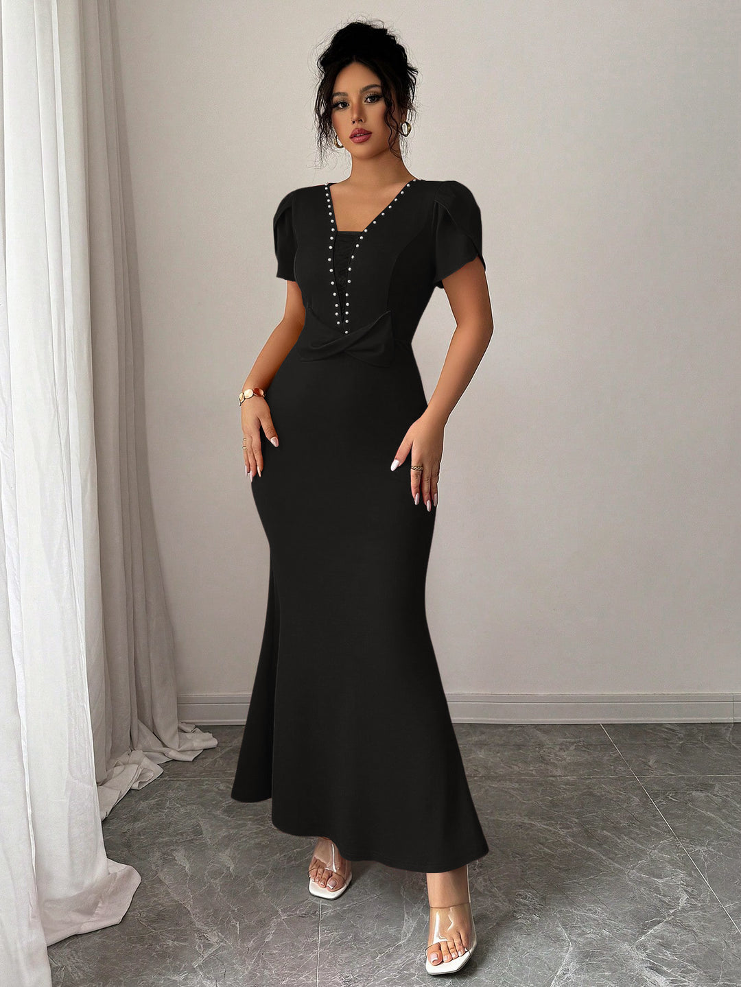 Black Petal Sleeve V-Neck Dress