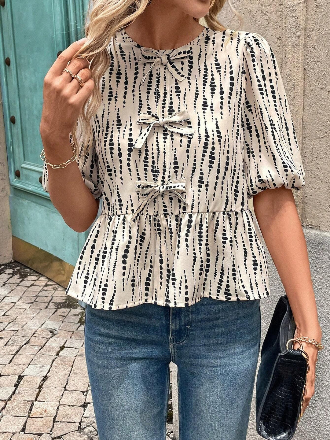 White Bishop Sleeves Front Bow Ruffle Hem Top