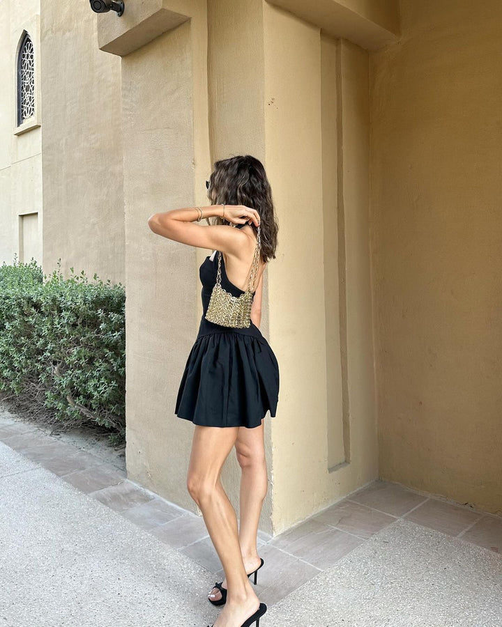 Black Halter Neck Balloon Bottom Mini Dress